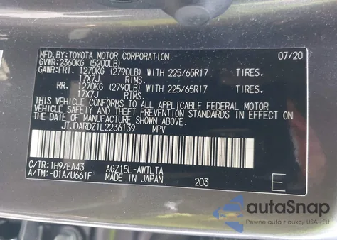 2020 Lexus Nx 300 из США, поврежденный, VIN JTJDARDZ1L2236139